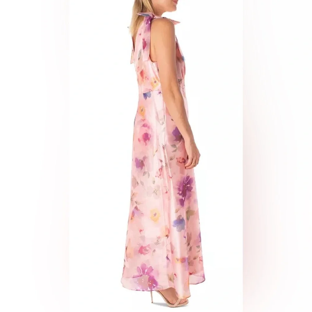 Maison Tara V Neck Pink Watercolor Floral Maxi Dress with Bow Straps size 6 $148 - Picture 6 of 16